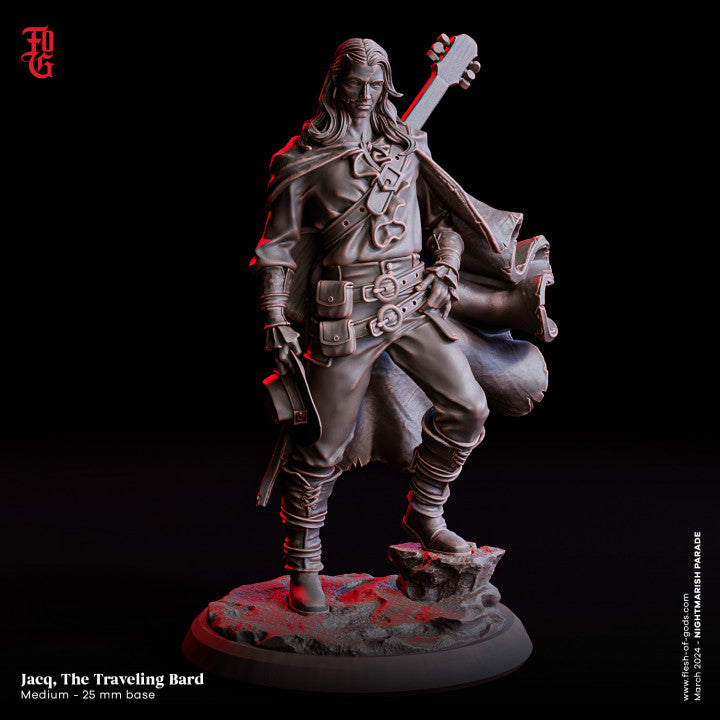 Jacq, The Traveling Bard, standing with a lute on his back and a sword at his side, depicted in a detailed miniature for tabletop RPGs.