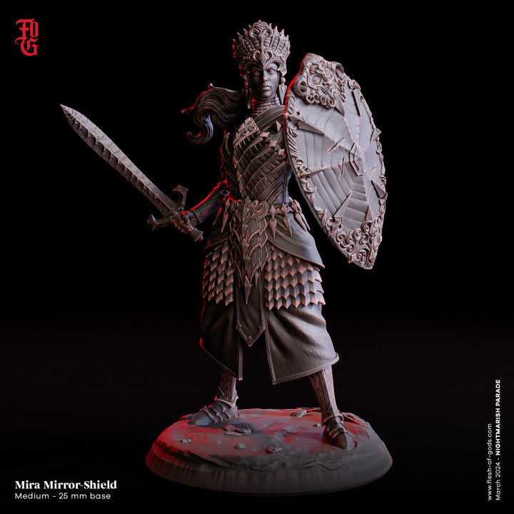 Mira Mirror-Shield, a Human Paladin, holding a large sword and a mirror shield, wearing detailed armor, depicted in a miniature for tabletop RPGs.