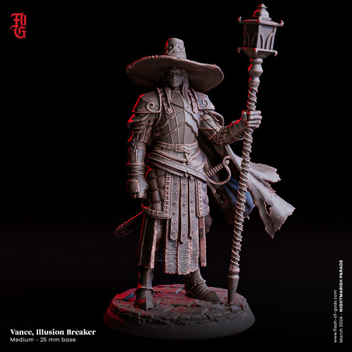 Vance, Illusion Breaker, an Elf Eldritch Knight, clad in full armor with a wide-brimmed hat, holding a magical staff and a sword, depicted in a detailed miniature for tabletop RPGs.