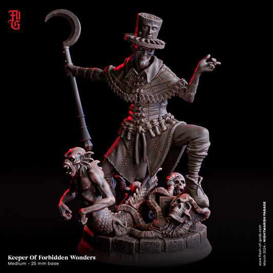 The Keeper of Forbidden Wonders, a sinister figure in a top hat holding a sickle staff, surrounded by grotesque creatures and skulls, depicted in a detailed miniature for tabletop RPGs.