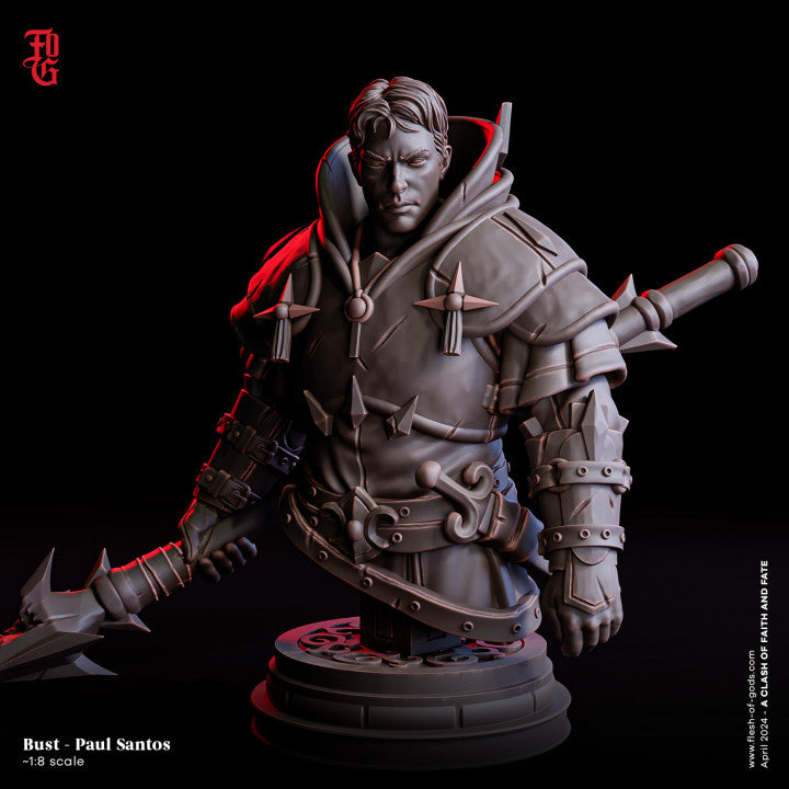 Bust of Paul Santos, Fate’s Herald, featuring detailed armor and a resolute expression, depicted in a 1:8 scale miniature.