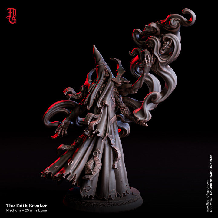 The Faith Breaker, a robed figure with tendrils of dark energy, depicted in a detailed miniature for dark fantasy tabletop RPGs.