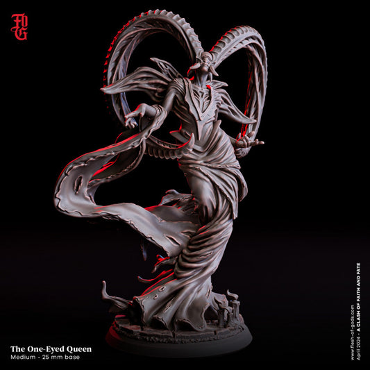 The One-Eyed Queen, a devilish figure with flowing robes and massive twisted horns, depicted in a detailed miniature for dark fantasy tabletop RPGs.