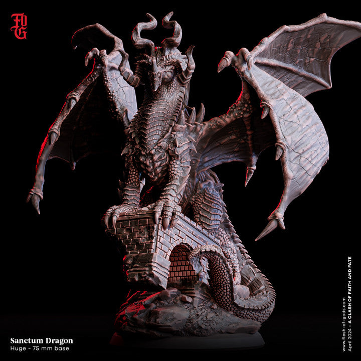 Sanctum Dragon, a majestic dragon perched on a stone bridge with intricate scales, massive wings, and menacing horns, depicted in a detailed miniature for dark fantasy tabletop RPGs.