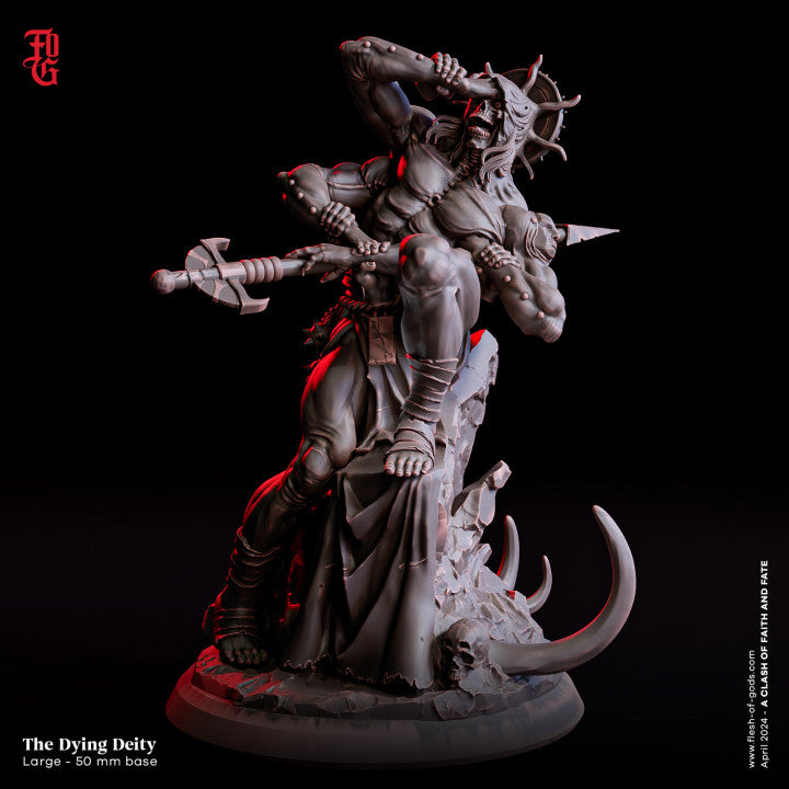 The Dying Deity, a muscular figure with a broken crown and anguished expression, depicted in a detailed miniature for dark fantasy tabletop RPGs.