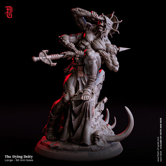 The Dying Deity, a muscular figure with a broken crown and anguished expression, depicted in a detailed miniature for dark fantasy tabletop RPGs.