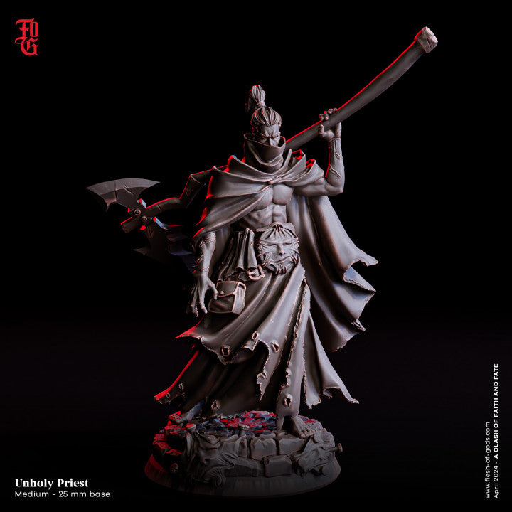 Unholy Priest, a sinister figure wielding a massive twisted weapon and clad in tattered robes, depicted in a detailed miniature for dark fantasy tabletop RPGs.