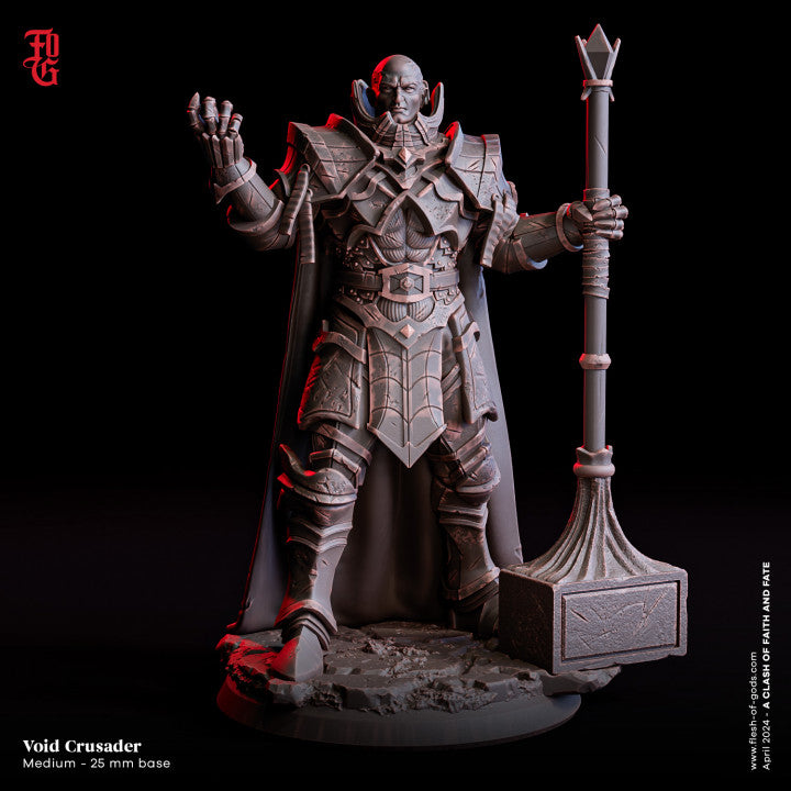 Void Crusader, a heavily armored warrior wielding a massive hammer, depicted in a detailed miniature for dark fantasy tabletop RPGs.