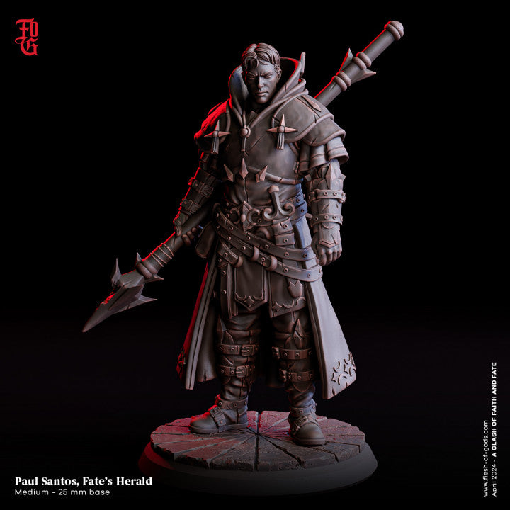 Paul Santos, Fate’s Herald, a warrior in full armor wielding a spear, depicted in a detailed miniature for tabletop RPGs.