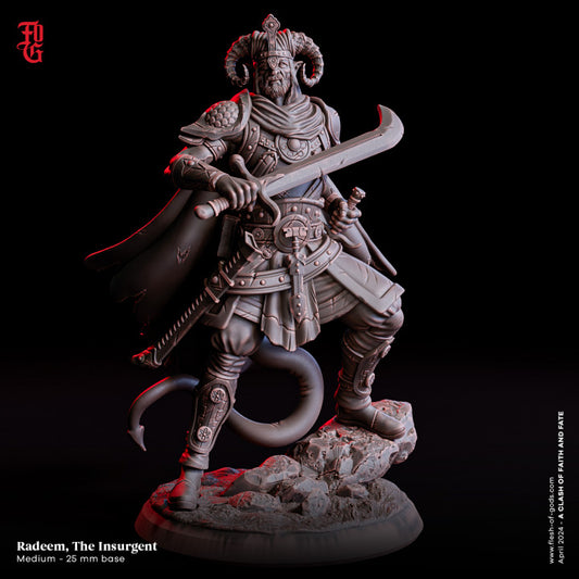 Radeem, The Insurgent, a male Tiefling Fighter in battle armor, wielding a curved blade with a determined stance, depicted in a detailed miniature for tabletop RPGs.