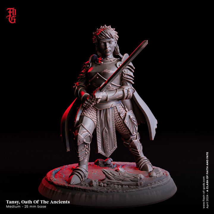 Tansy, Oath Of The Ancients, a female halfling paladin in full armor, wielding a sword with a determined expression, depicted in a detailed miniature for tabletop RPGs.