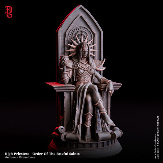 High Priestess from the Order Of The Fateful Saints, seated on an ornate throne, depicted in a detailed miniature for tabletop RPGs.