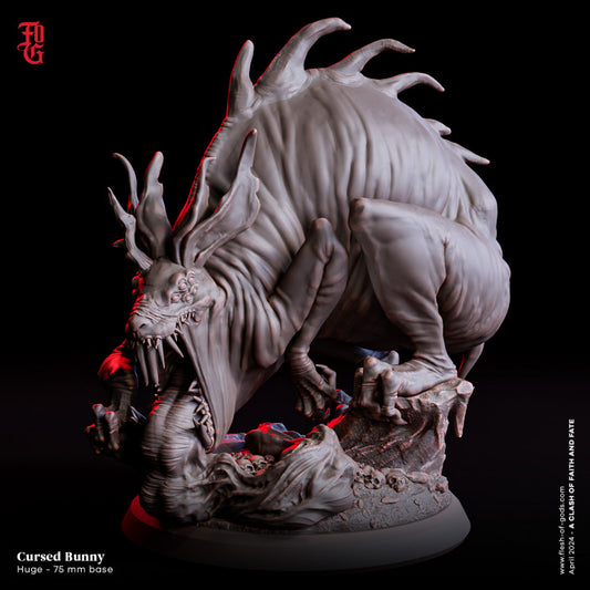 Cursed Bunny, a monstrous and terrifying creature with twisted features, depicted in a detailed miniature for dark fantasy tabletop RPGs.