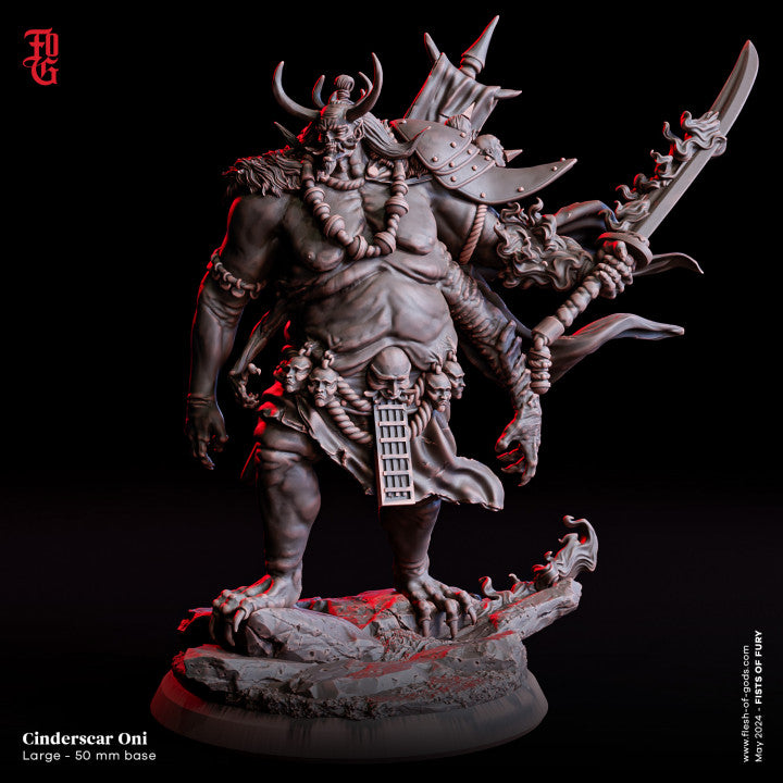 Cinderscar Oni, a massive and fearsome figure with horns, brandishes a large, curved sword. Adorned with skulls and wearing tattered armor, he stands ready for battle.