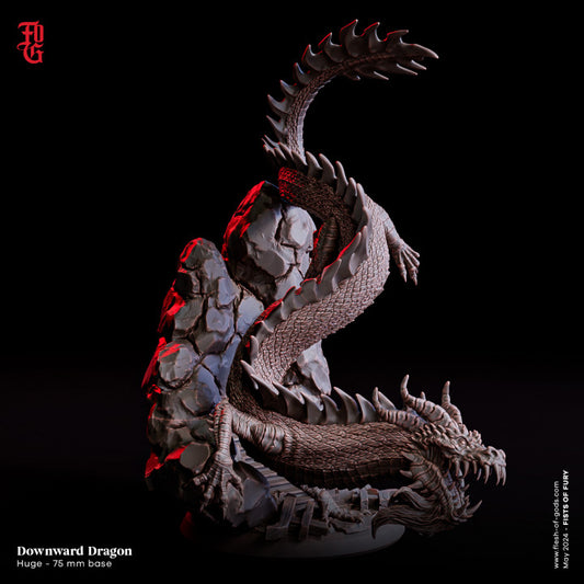 Downward Dragon, a long, intricately scaled dragon with a fierce expression, spiraling downwards through jagged rocks, ready to strike.