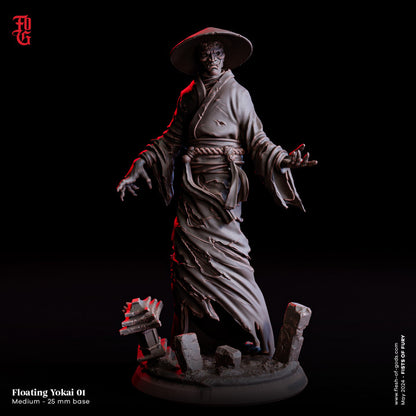 Floating Yokai, a spectral figure in tattered robes with a traditional hat, standing amidst crumbling ruins, on a 25 mm base