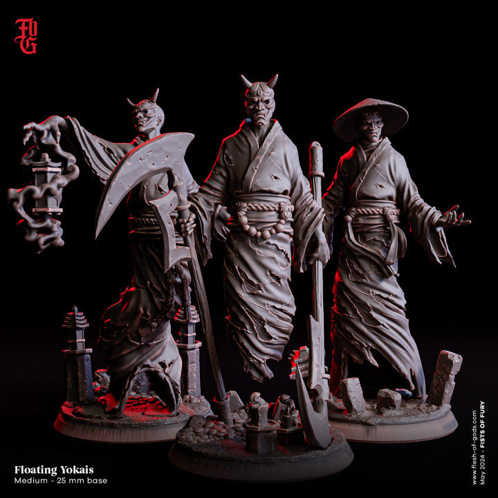 Floating Yokais group, a set of three ghostly spirits with traditional garb and eerie weapons, standing on a 25 mm base.