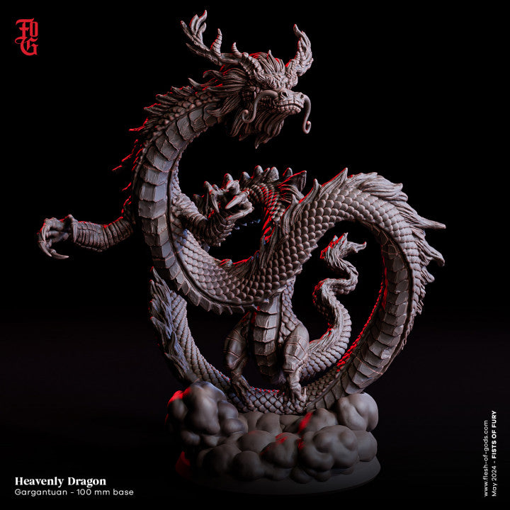 Heavenly Dragon, a large, intricately scaled dragon with flowing whiskers and an aura of divinity, coiling through the clouds with grace and power.