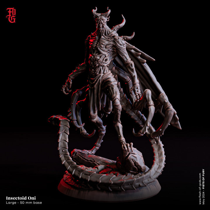 Insectoid Oni, a large 50mm base miniature featuring a demonic creature with insect-like limbs, perfect for fantasy RPG settings like Dungeons & Dragons and Warhammer.