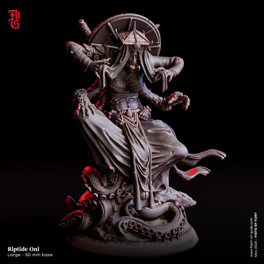 Riptide Oni, a large 50mm base miniature featuring an oni with aquatic elements, tentacles, and a menacing presence, ideal for fantasy RPG settings like Dungeons & Dragons and Warhammer.