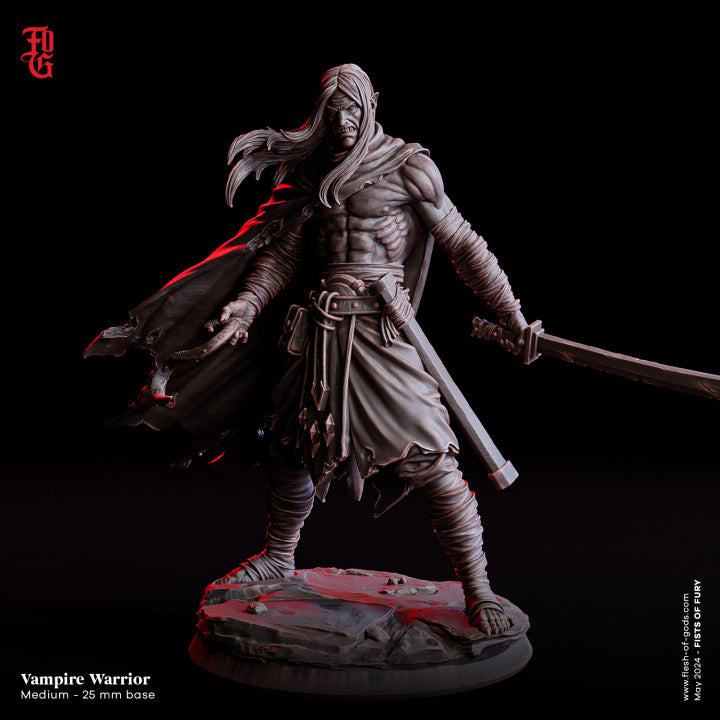 Vampire Warrior miniature on a medium 25mm base, featuring a menacing undead warrior with a long sword and flowing cloak, ideal for D&D, Warhammer, and other fantasy RPGs.