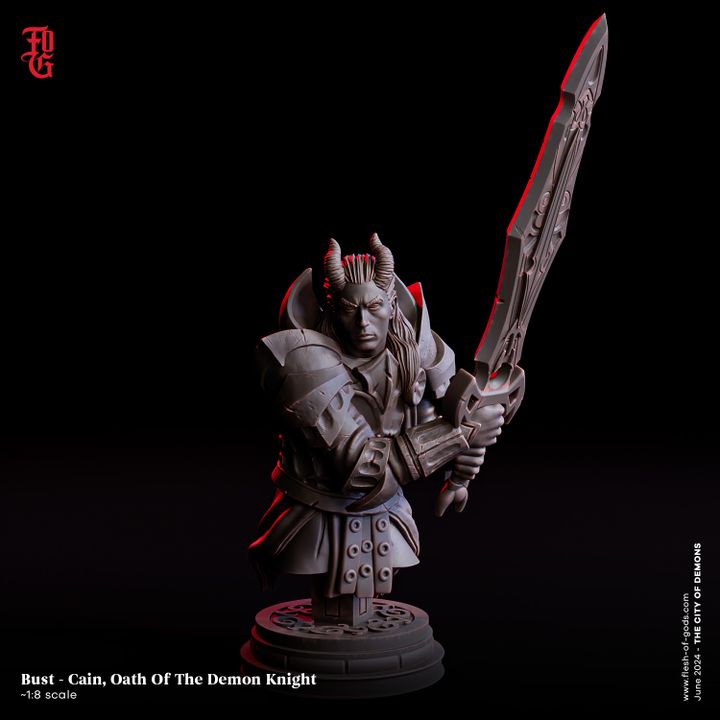 A 1:8 scale bust of Cain, Oath of the Demon Knight, a half-demon paladin. The bust highlights his intense expression and dark armor, with a large cursed greatsword held in front.