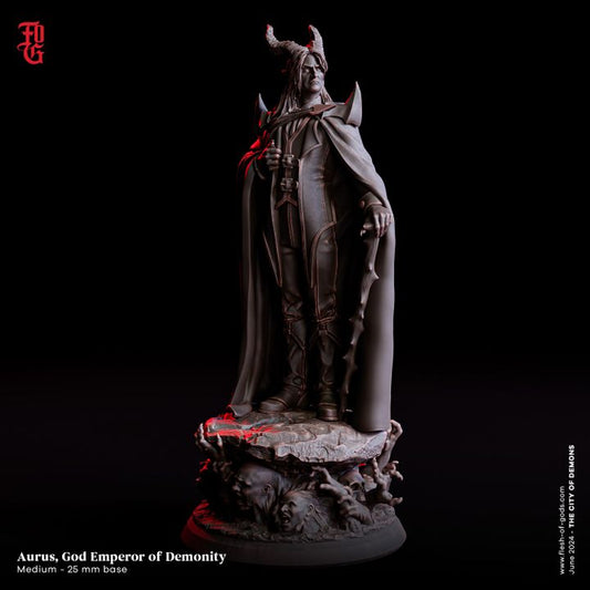 A dark, regal figure with horns, embodying the malevolent authority of Aurus, God Emperor of Demonity, available as both a full figure and bust.