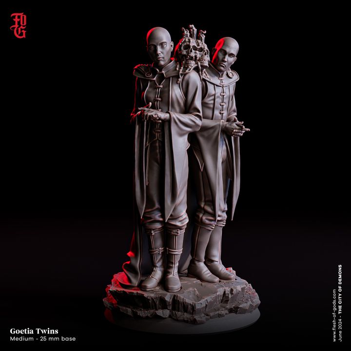 The Goetia Twins, two sinister figures standing side by side, dressed in dark robes and exuding an eerie, unsettling presence, ideal for tabletop RPGs like Dungeons & Dragons and Pathfinder.