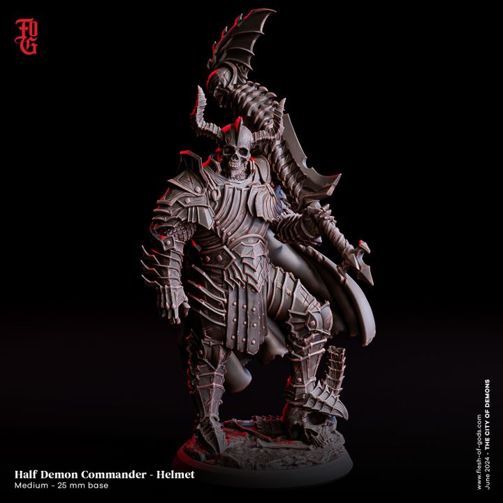 The Half Demon Commander, armored and wearing a horned skull helmet, stands ready for battle in any tabletop RPG, adding an element of terror and dark mystique to your collection.