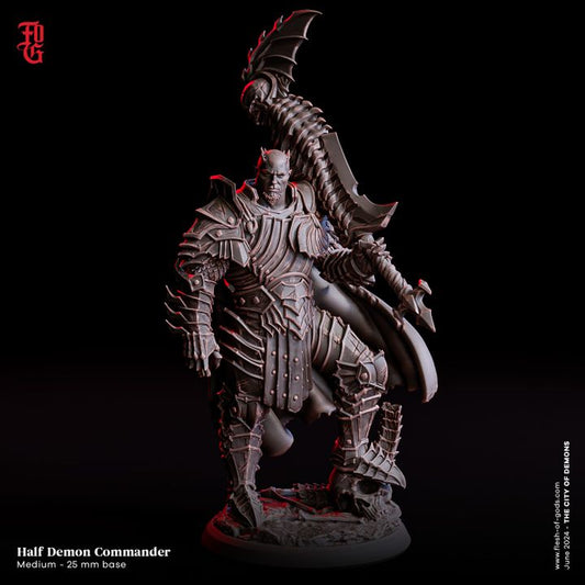 A fearsome Half Demon Commander in jagged armor, gripping a large sword and exuding a menacing presence, ideal for tabletop RPGs like Dungeons & Dragons and Pathfinder.