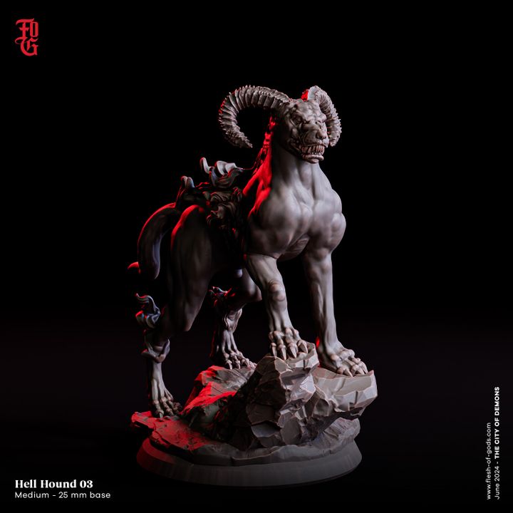 A Hell Hound with ram-like horns, standing powerfully with flames coursing across its body.