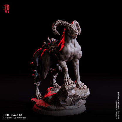 A Hell Hound with ram-like horns, standing powerfully with flames coursing across its body.