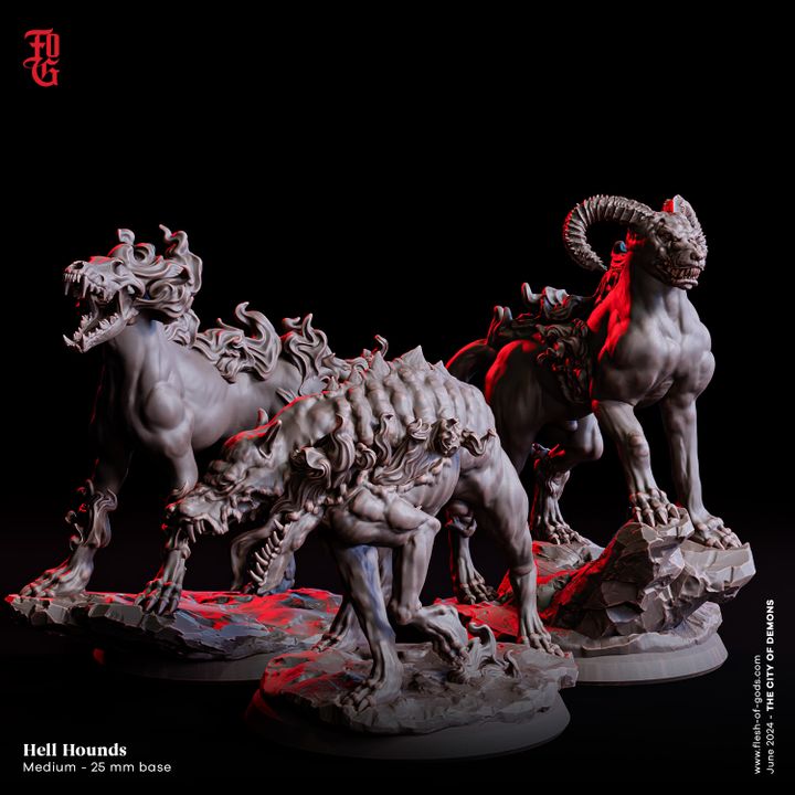 Three Hell Hounds with varying appearances, including one with ram-like horns, each engulfed in flames, ready for battle.