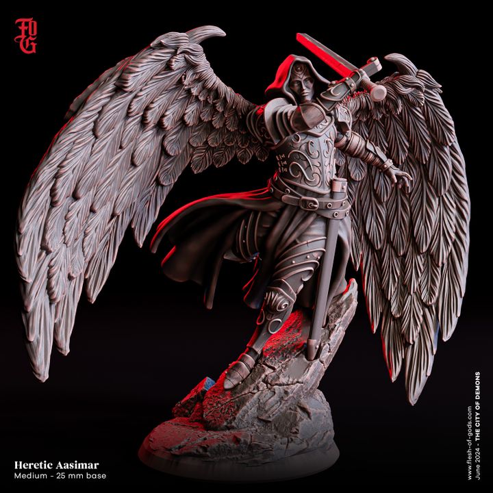 A menacing Heretic Aasimar figure with outstretched wings, clad in heavy armor, holding a sword with a determined expression, standing on a rocky base.