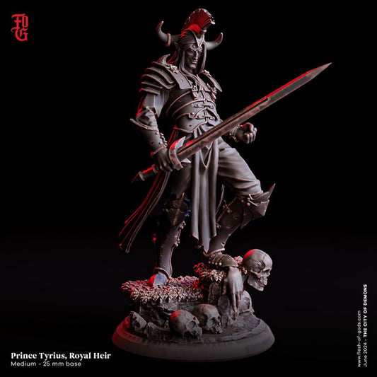 A menacing figure of Prince Tyrius, Royal Heir, clad in dark armor, holding a wicked sword, standing over a pile of skulls with a regal yet sinister expression.