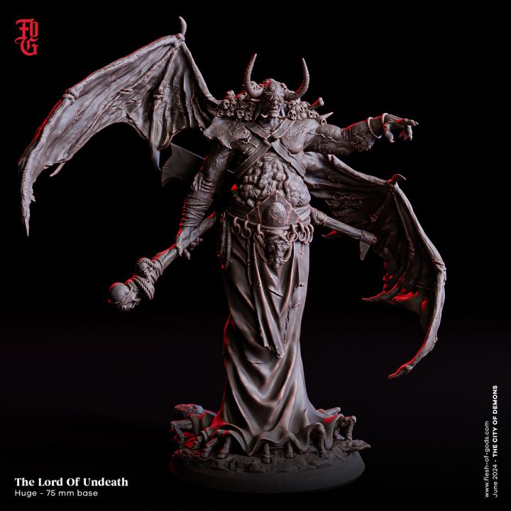 Orcus, The Lord of Undeath, depicted with large bat-like wings, a skull-adorned collar, and holding a skull-topped scepter. The figure stands menacingly, embodying the dark power of necromantic evil, perfect for tabletop RPGs like D&D, Pathfinder, or Warhammer.