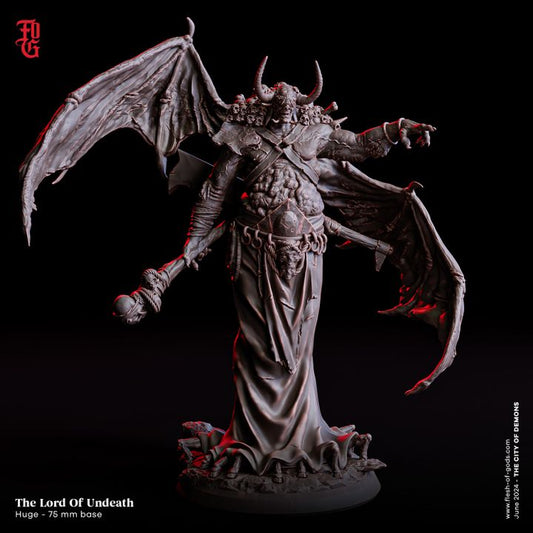 Orcus, The Lord of Undeath, depicted with large bat-like wings, a skull-adorned collar, and holding a skull-topped scepter. The figure stands menacingly, embodying the dark power of necromantic evil, perfect for tabletop RPGs like D&D, Pathfinder, or Warhammer.