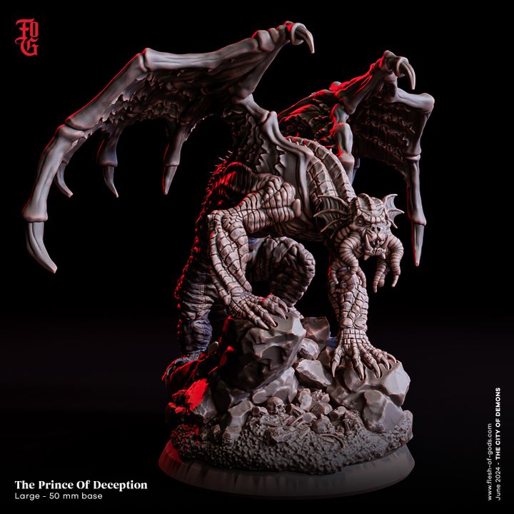 The Prince of Deception (Fraz-Urb'luu) crouching on a rocky outcrop, wings unfurled, and ready to strike. This detailed demon lord miniature captures his fiendish essence, perfect for tabletop RPGs like Dungeons & Dragons and Pathfinder.