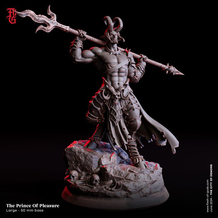 A detailed miniature of The Prince of Pleasure, inspired by Graz'zt. The figure showcases a muscular demon lord with horns, holding a large spear, standing on a rocky base adorned with skulls.