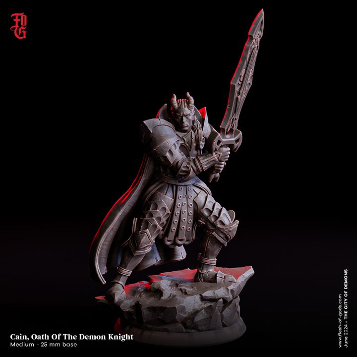 A half-demon paladin miniature named Cain, Oath of the Demon Knight. He is depicted in full armor with a large, cursed greatsword poised for battle, showcasing his powerful and ominous presence.