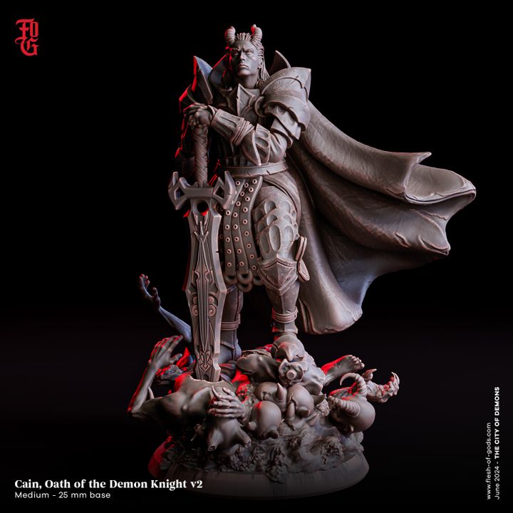 A half-demon paladin miniature named Cain, Oath of the Demon Knight. He is depicted standing tall over defeated enemies, holding a cursed greatsword with a commanding and dark presence, dressed in full armor and a flowing cape.