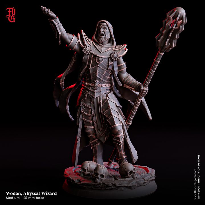 A human male wizard miniature named Wodan, the Abyssal Wizard. He wears intricate robes and armor, holding a staff adorned with dark symbols, standing on a base decorated with skulls.