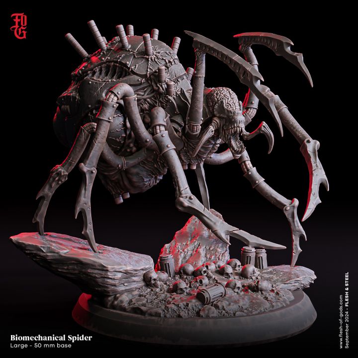 Biomechanical Spider, a large miniature on a 50mm base featuring a blend of organic and mechanical elements. The figure's sharp metallic legs and intricate body details suit sci-fi and horror tabletop RPGs such as Starfinder and Dark Heresy.