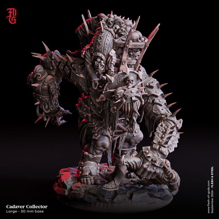 Cadaver Collector, a large miniature on a 50mm base, decorated with skulls, spikes, and bones. The figure's imposing build makes it a great addition to dark fantasy tabletop RPGs like Dungeons & Dragons or Pathfinder.