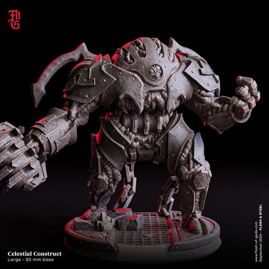 Celestial Construct, a large golem miniature made of intertwined flesh and steel armor, standing on a 50mm base. It has a mechanical claw and a powerful stance, ideal for epic encounters in fantasy role-playing games like Dungeons & Dragons or Pathfinder.