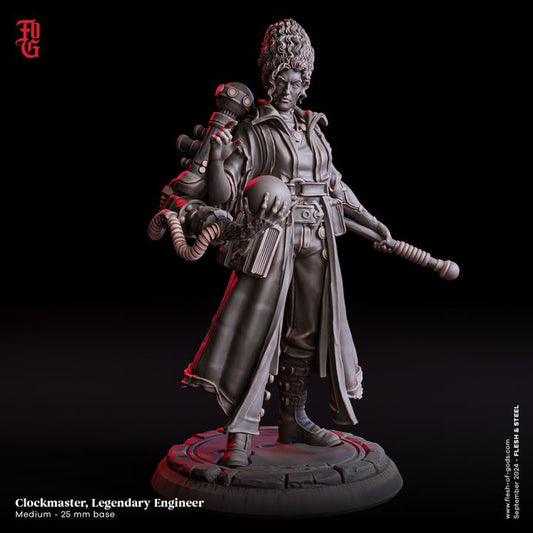 Clockmaster, a human female artificer miniature with a mechanical arm and gadgets, wearing a long coat and holding a device in one hand. She features a detailed steampunk aesthetic, suited for role-playing games like Dungeons & Dragons or Pathfinder.