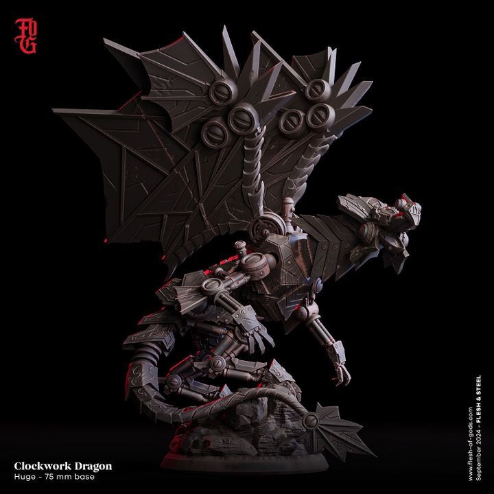 Clockwork Dragon, a 75mm base miniature, showcases a mechanical dragon with intricate clockwork details, articulated wings, and heavy armor plating, ideal for sci-fi and steampunk-themed tabletop RPGs.