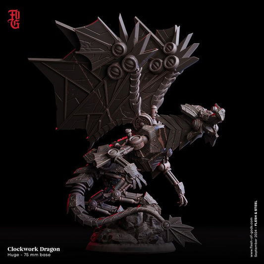 Clockwork Dragon, a 75mm base miniature, showcases a mechanical dragon with intricate clockwork details, articulated wings, and heavy armor plating, ideal for sci-fi and steampunk-themed tabletop RPGs.