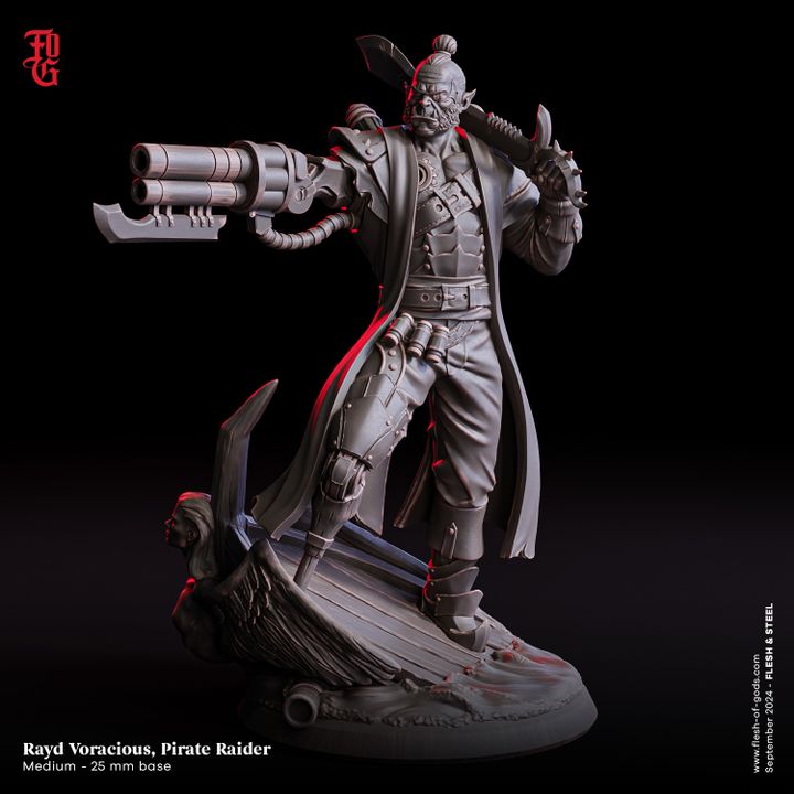 A detailed miniature of Rayd Voracious, a Pirate Raider with a mechanical arm and dual-barrel cannon, wearing a long coat and standing on a ship's deck fragment. His fierce stance and futuristic design make him ideal for sci-fi and cyberpunk TTRPG settings.