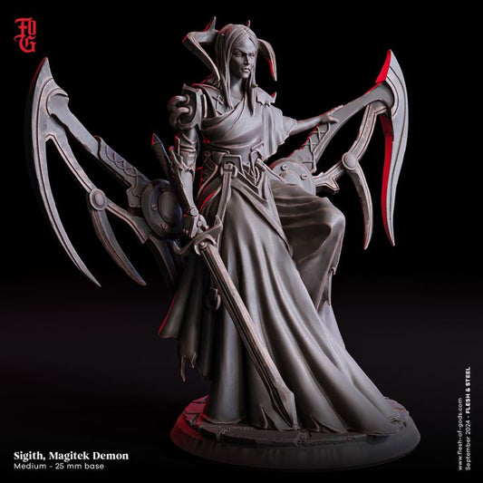 Sigith, a Magitek Demon miniature with a combination of demonic and technological aesthetics, wearing a flowing robe. The model has mechanical wings ending in scythe-like blades and intricate details perfect for fantasy tabletop role-playing games.